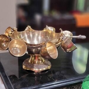 Source Unknown Brass Punch Bowl Set with Cups